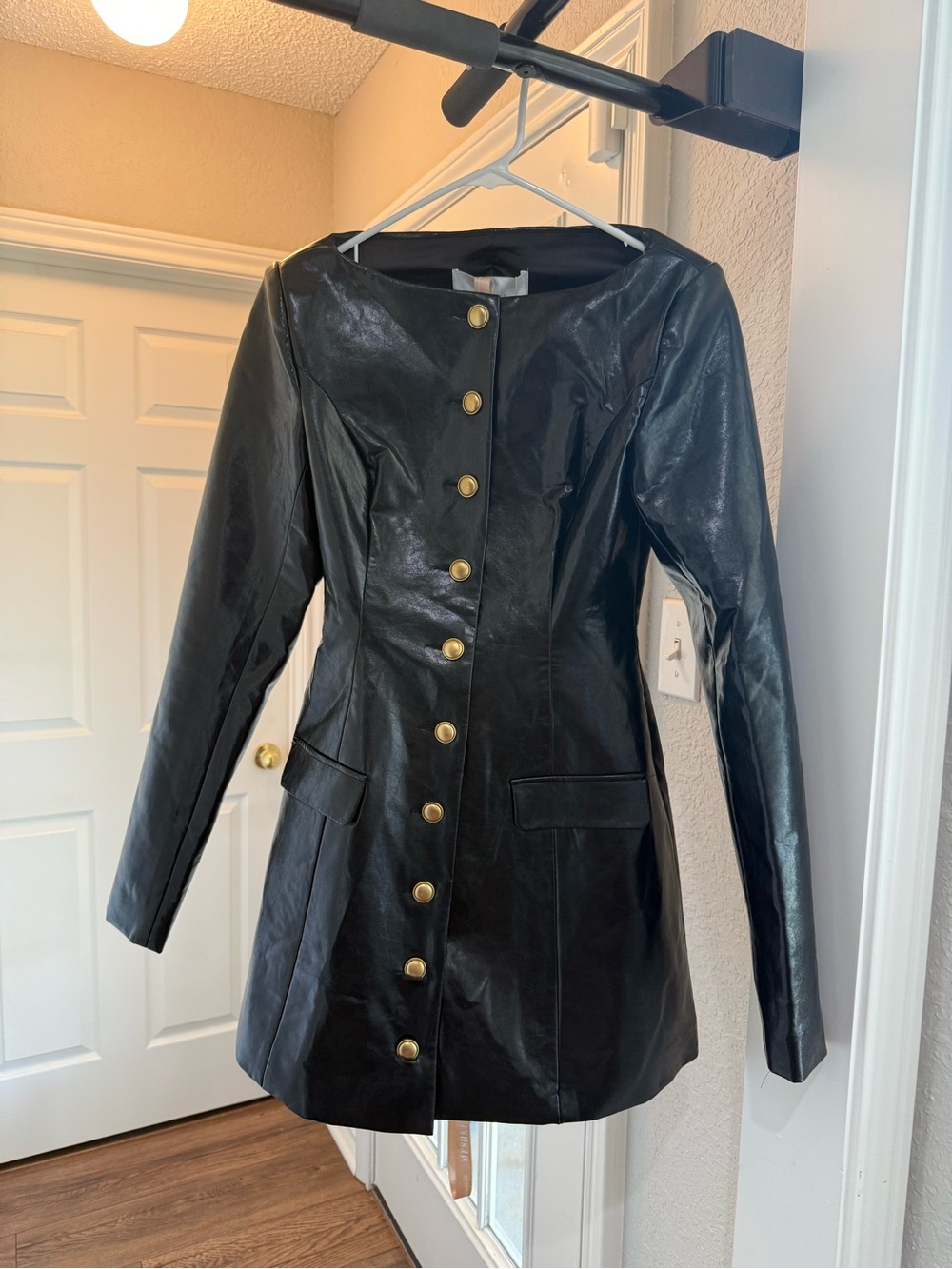 Meshki Black Faux Leather Black Mini Dress with Gold Buttons